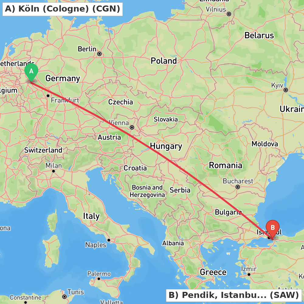 Flight route map from Köln (Cologne) to Pendik, Istanbul
