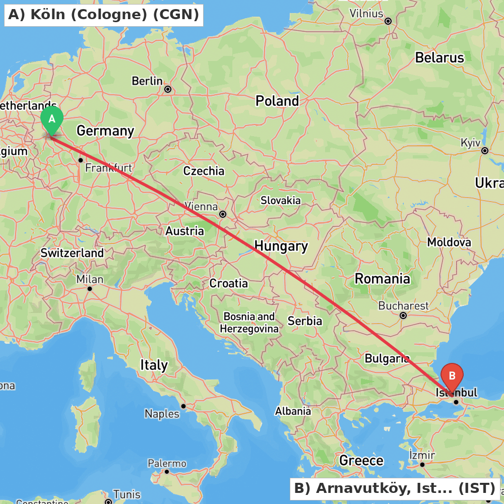Flight route map from Köln (Cologne) to Arnavutköy, Istanbul