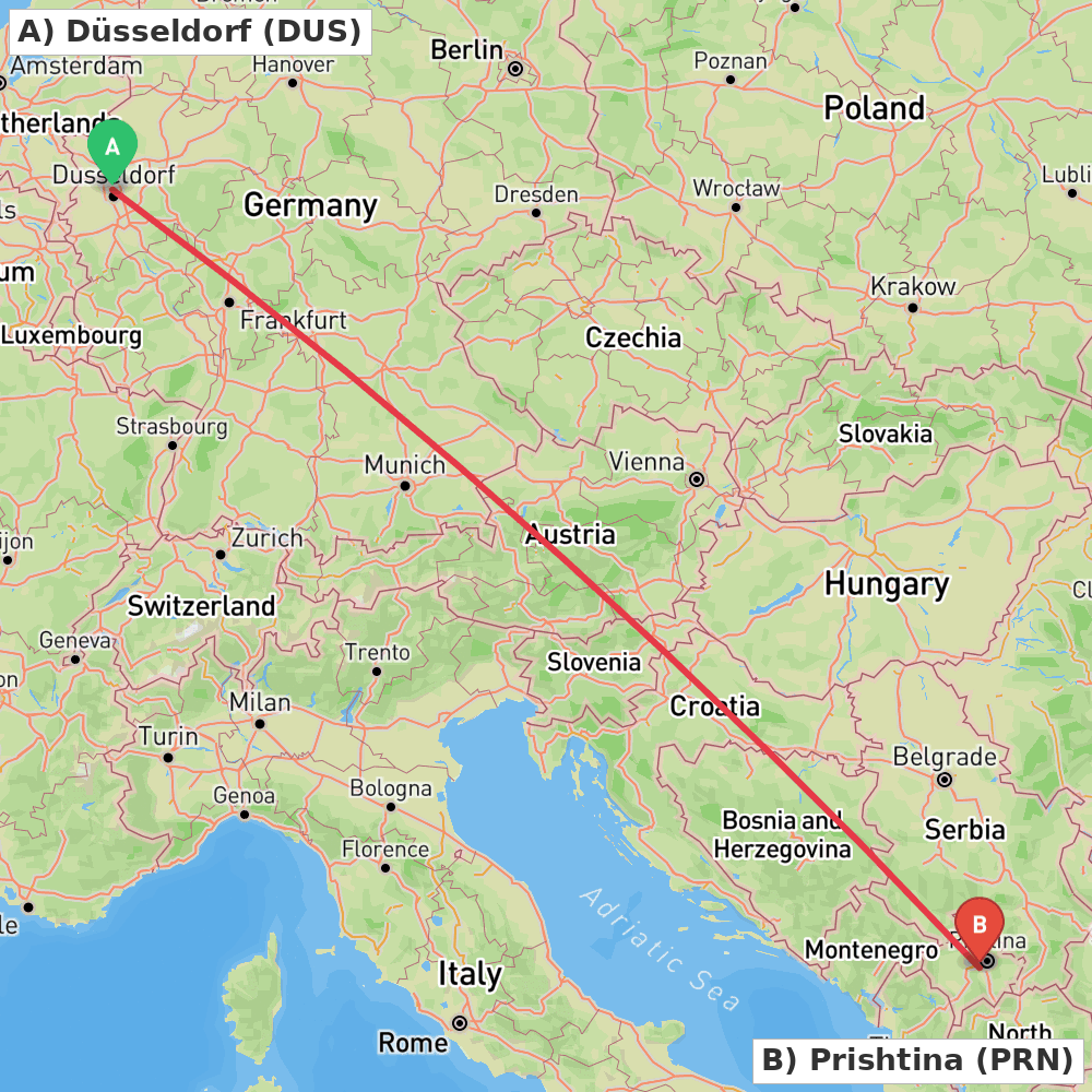 Flight route map from Düsseldorf to Prishtina