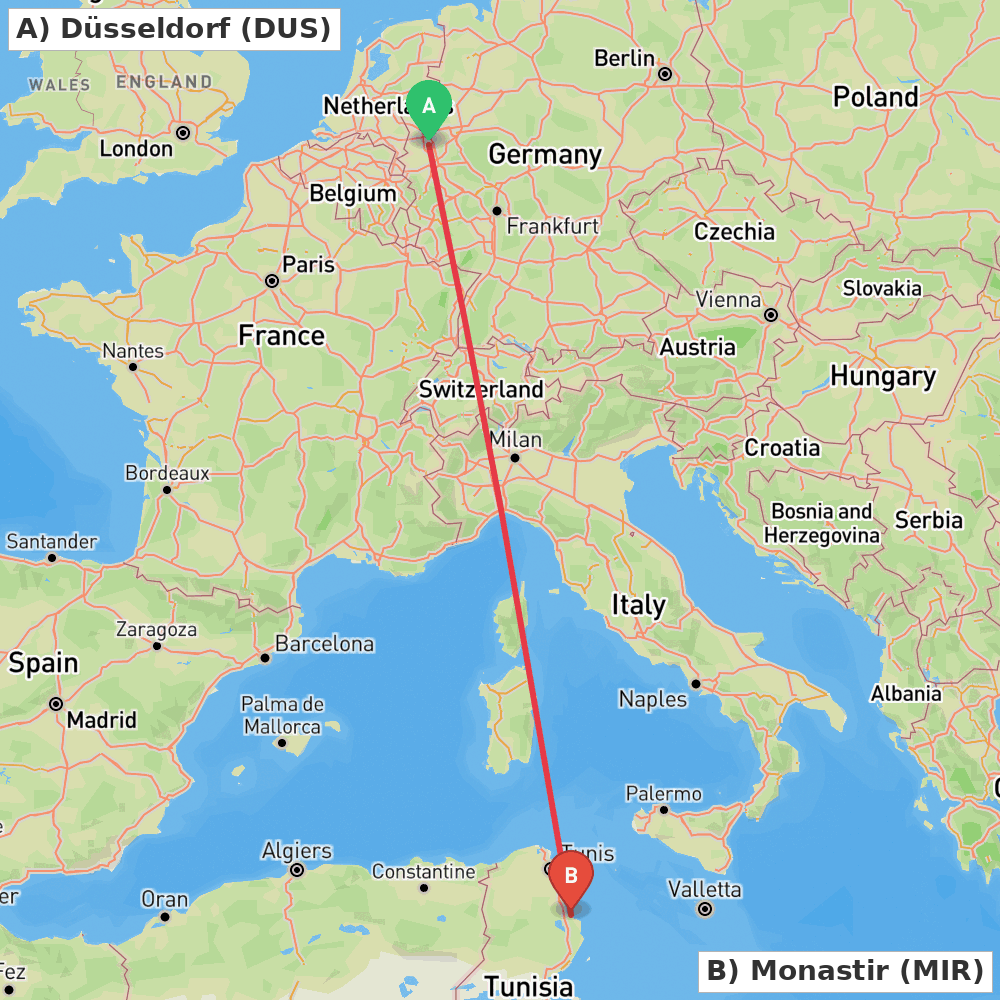 Flight route map from Düsseldorf to Monastir