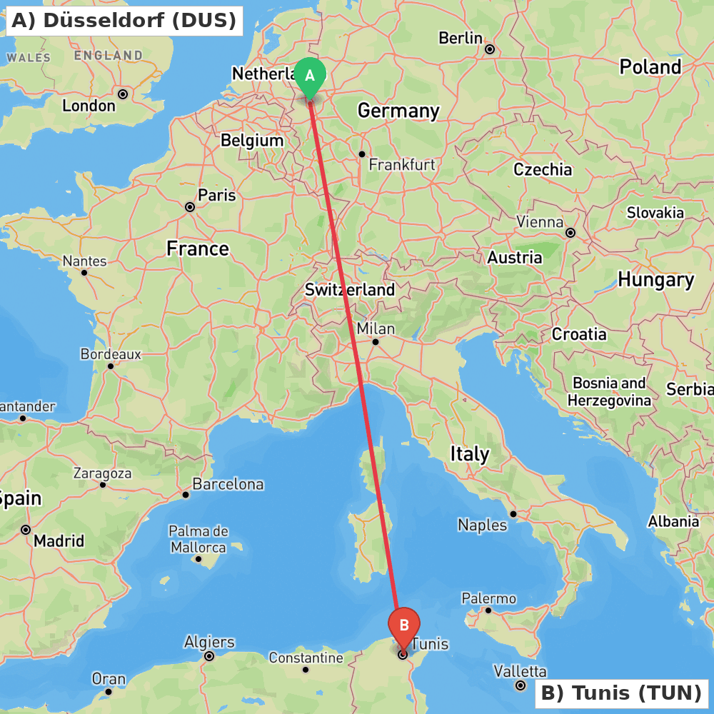 Flight route map from Düsseldorf to Tunis