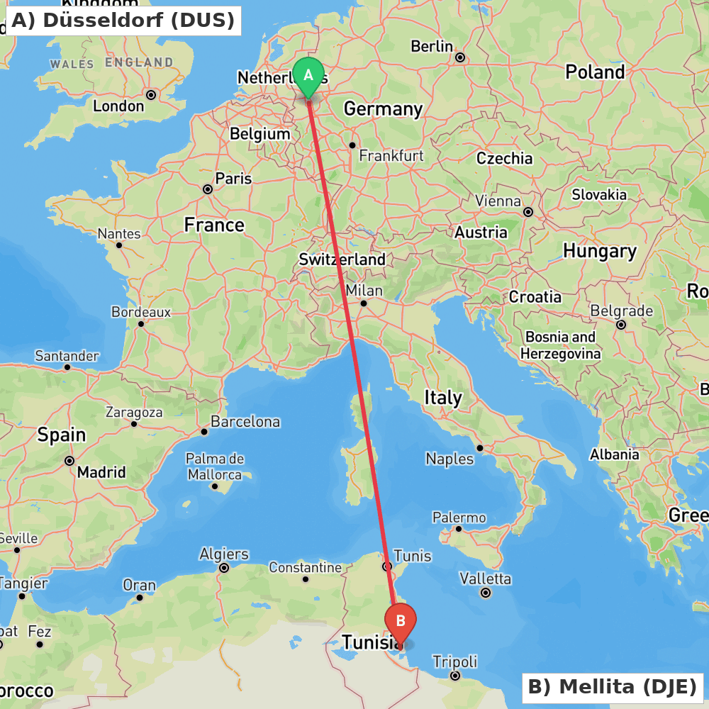 Flight route map from Düsseldorf to Mellita