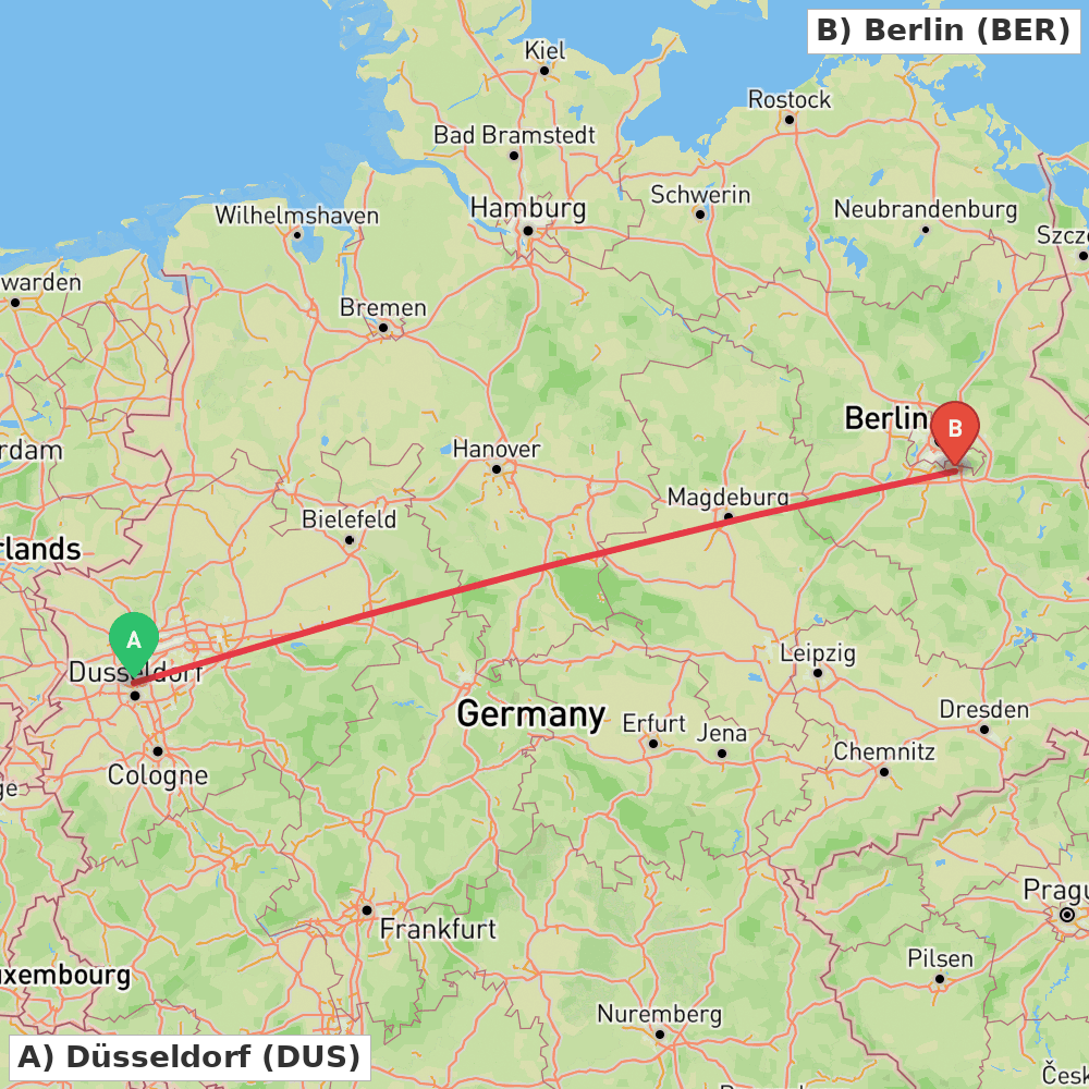 Flight route map from Düsseldorf to Berlin