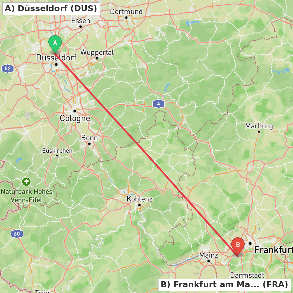 Flight route map from Düsseldorf to Frankfurt am Main