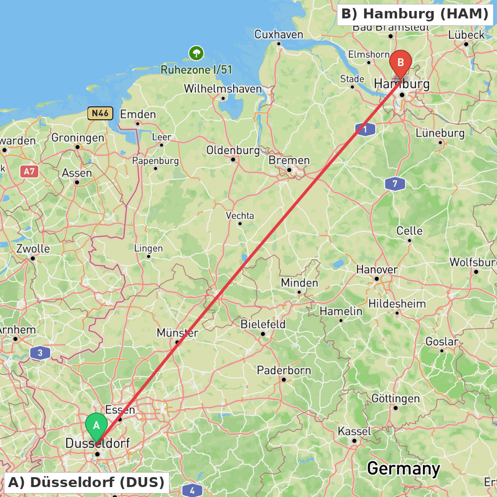 Flight route map from Düsseldorf to Hamburg