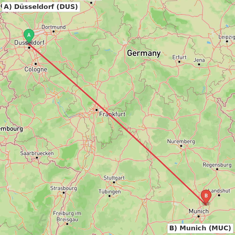Flight route map from Düsseldorf to Munich