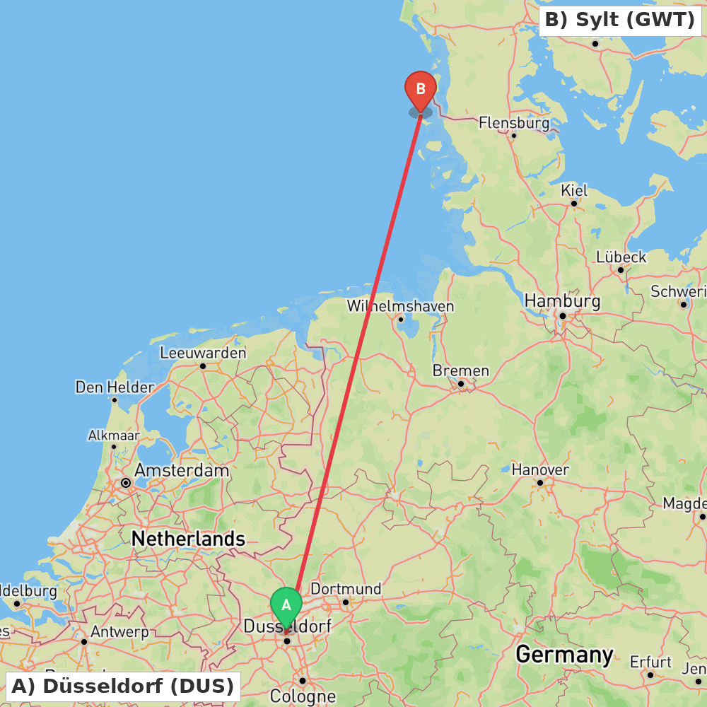 Flight route map from Düsseldorf to Sylt