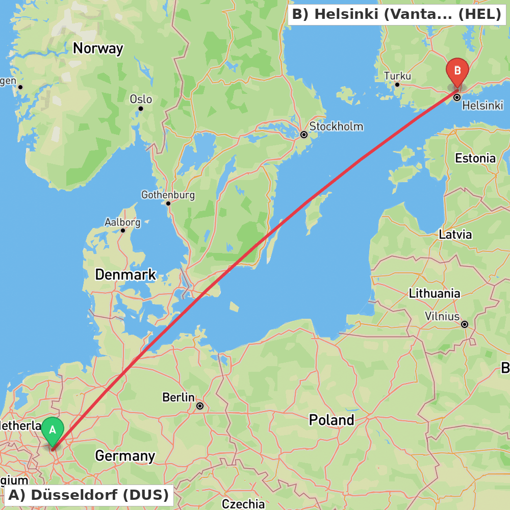 Flight route map from Düsseldorf to Helsinki (Vantaa)
