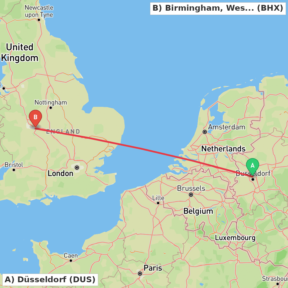Flight route map from Düsseldorf to Birmingham, West Midlands