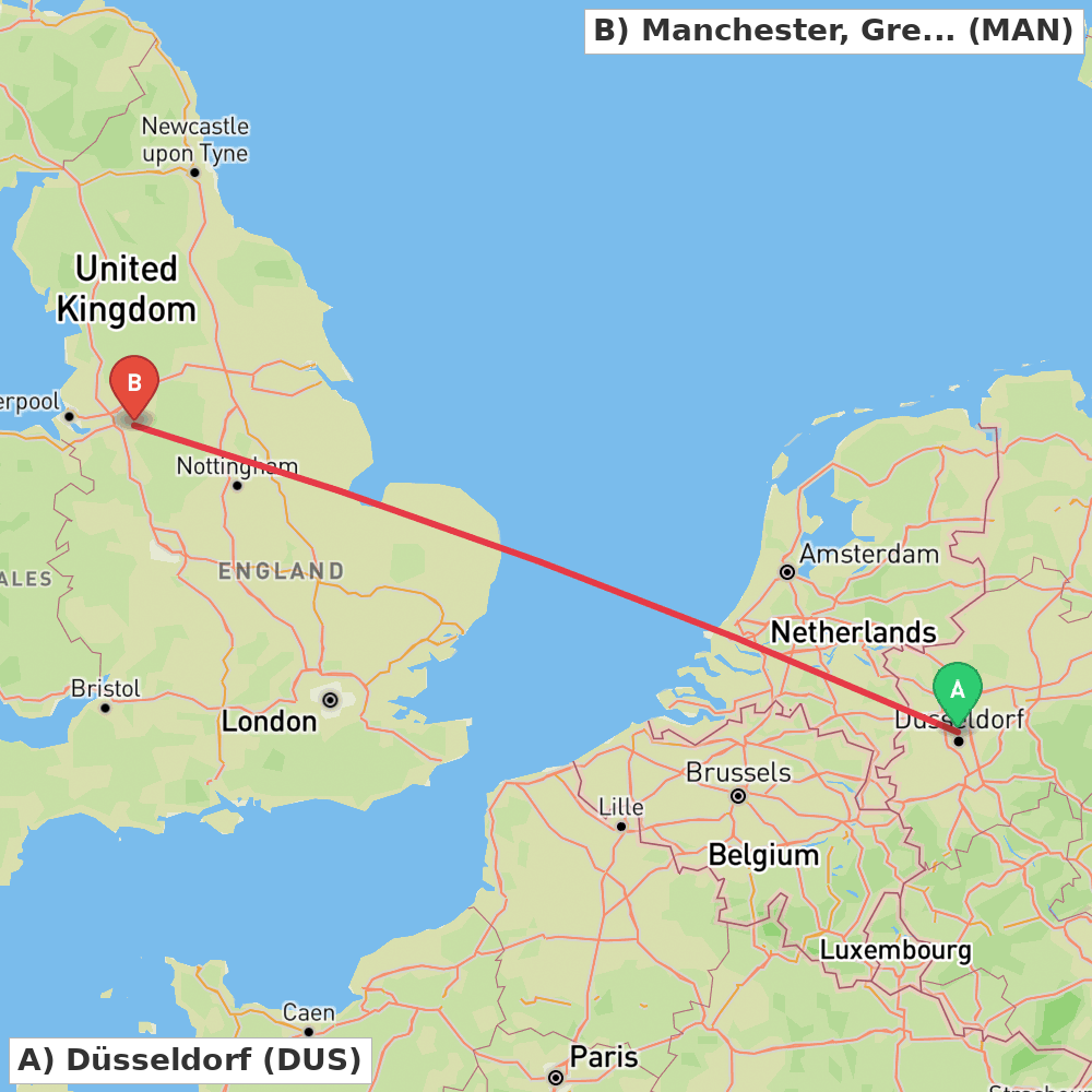 Flight route map from Düsseldorf to Manchester, Greater Manchester