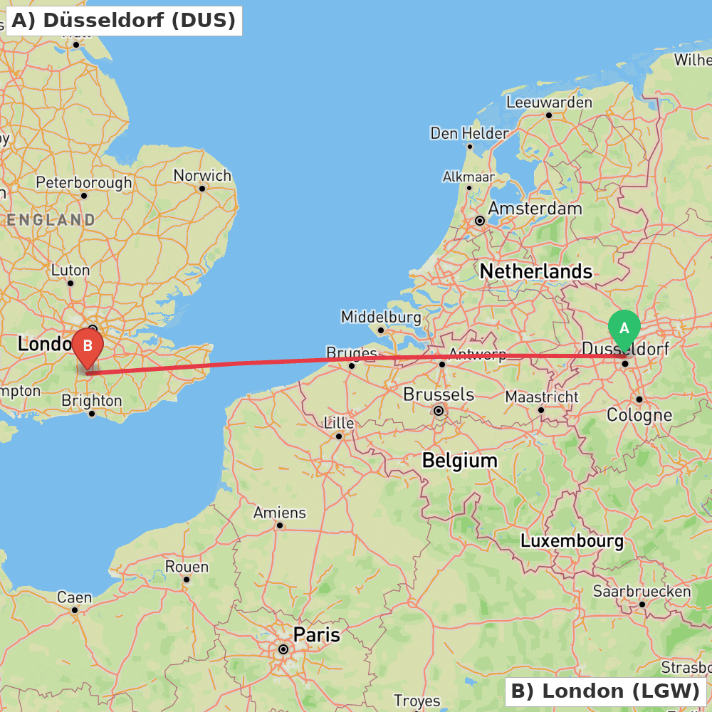 Flight route map from Düsseldorf to London
