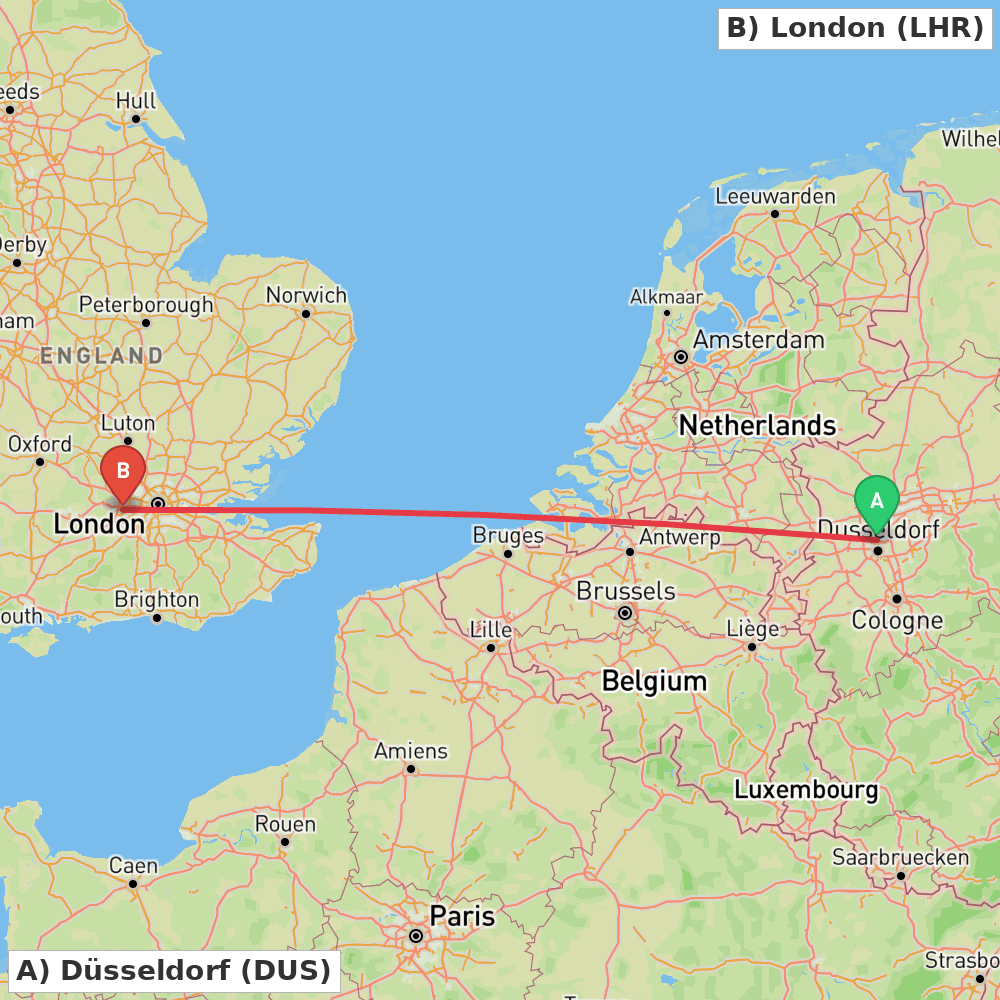 Flight route map from Düsseldorf to London