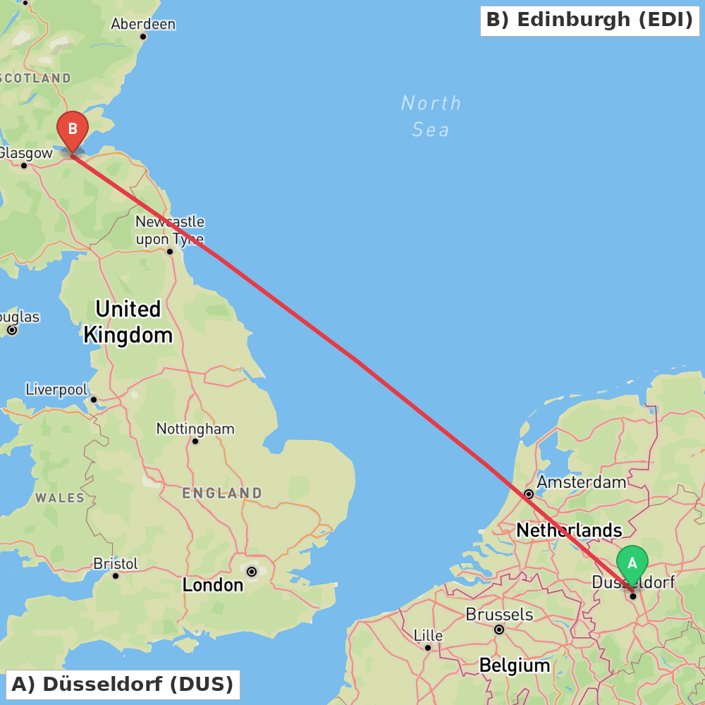 Flight route map from Düsseldorf to Edinburgh