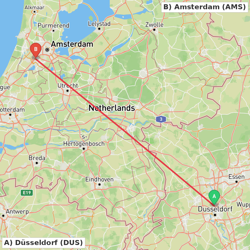 Flight route map from Düsseldorf to Amsterdam