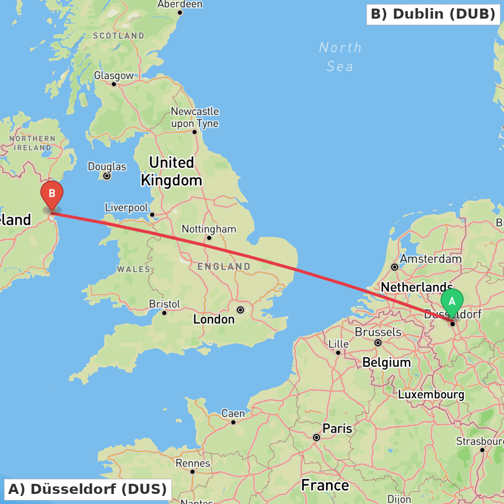 Flight route map from Düsseldorf to Dublin