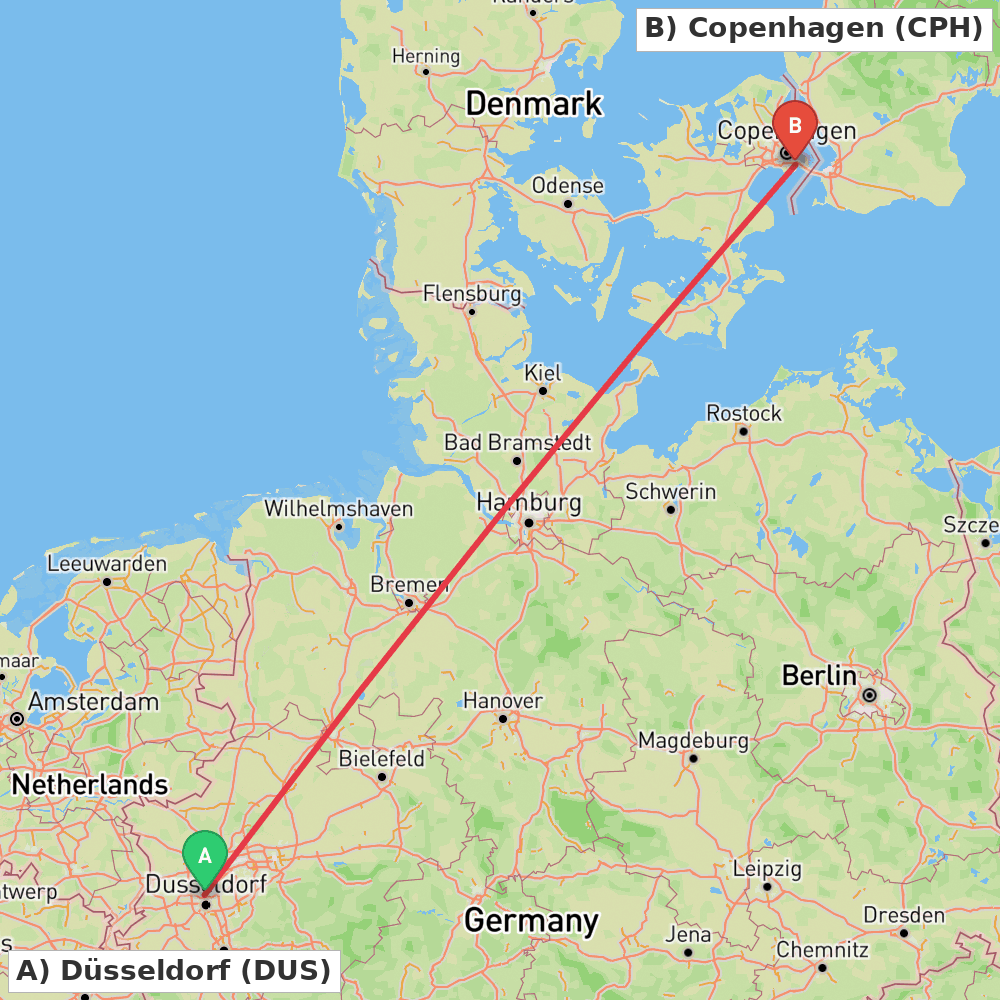 Flight route map from Düsseldorf to Copenhagen