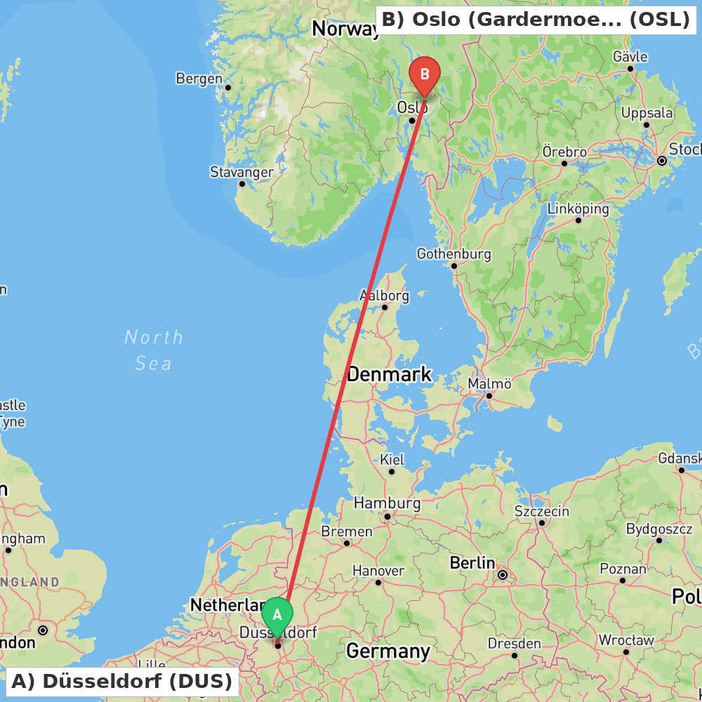 Flight route map from Düsseldorf to Oslo (Gardermoen)