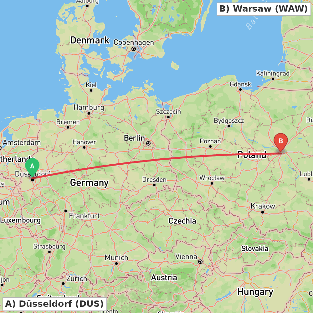 Flight route map from Düsseldorf to Warsaw