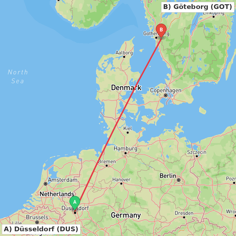 Flight route map from Düsseldorf to Göteborg