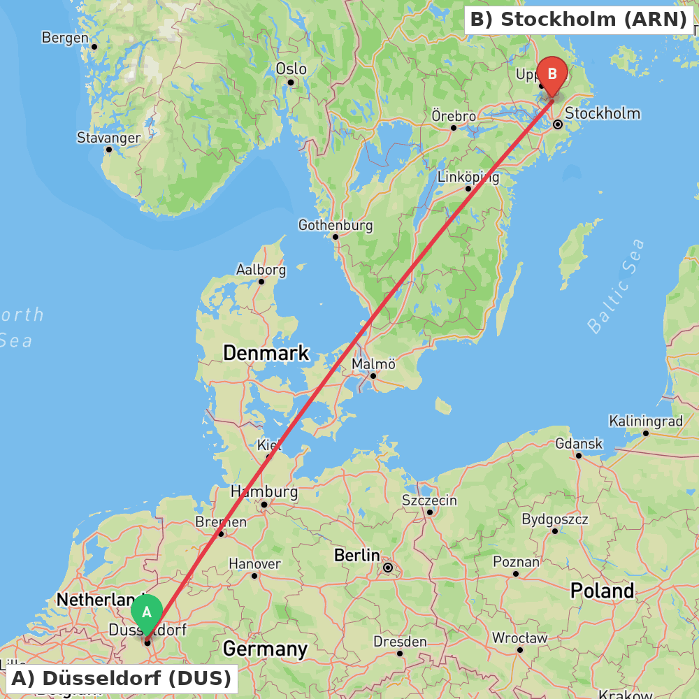 Flight route map from Düsseldorf to Stockholm
