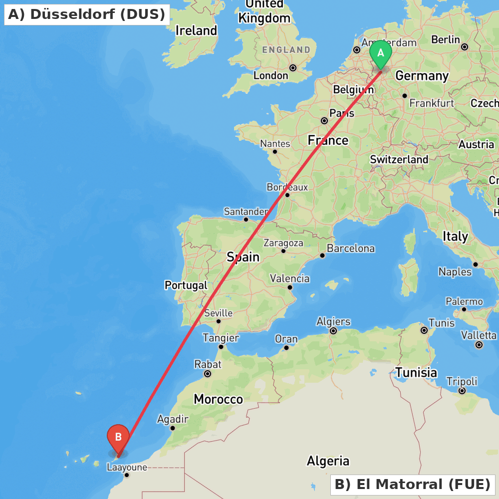 Flight route map from Düsseldorf to El Matorral