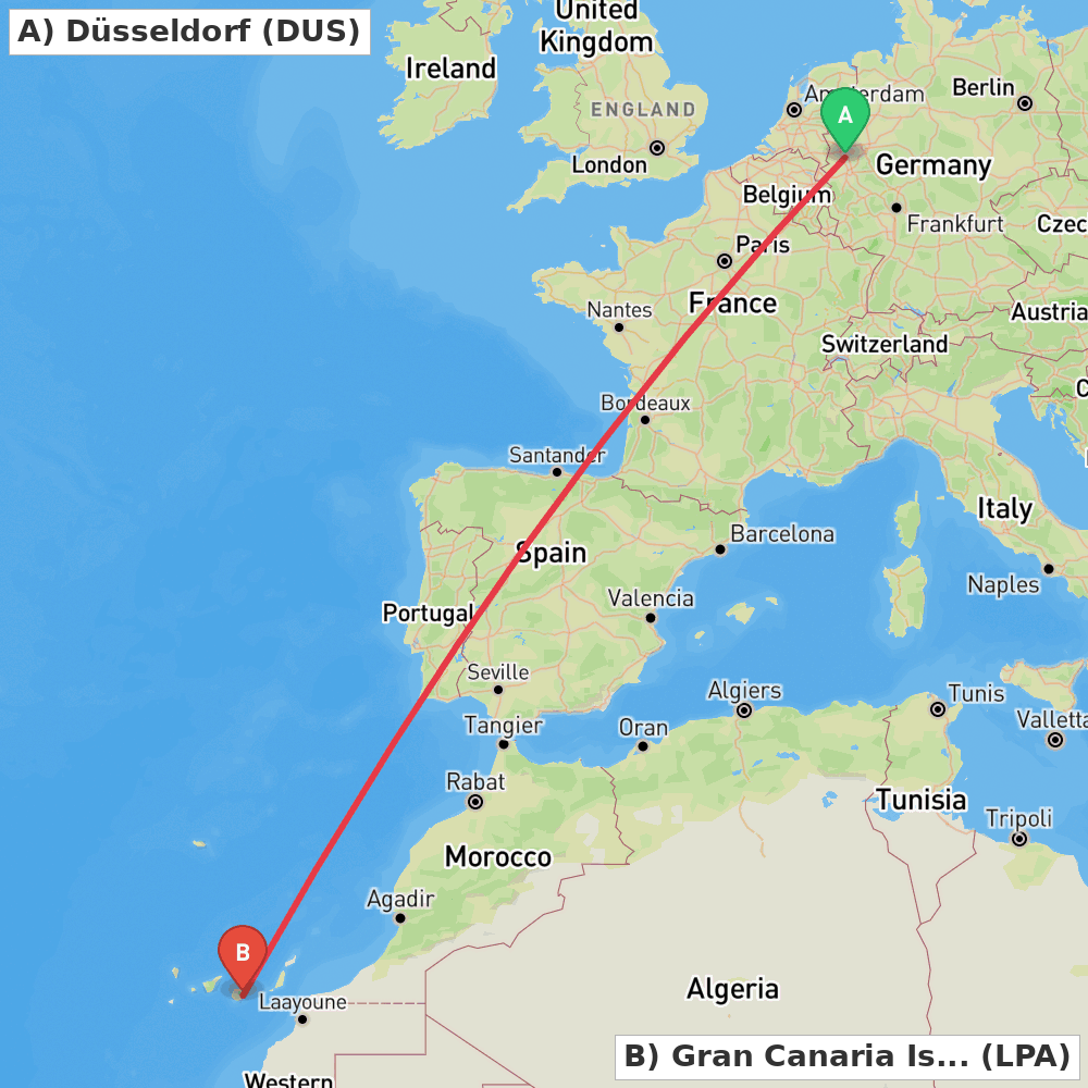 Flight route map from Düsseldorf to Gran Canaria Island