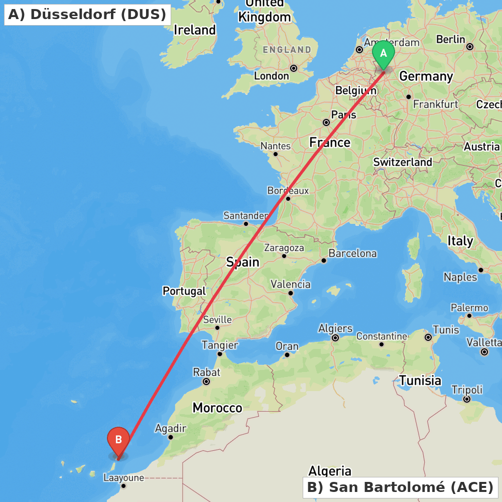 Flight route map from Düsseldorf to San Bartolomé