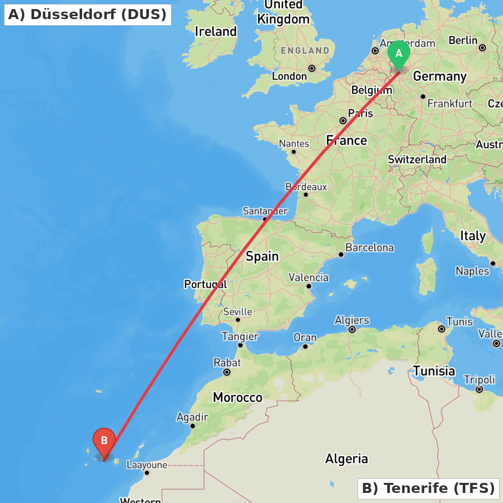 Flight route map from Düsseldorf to Tenerife