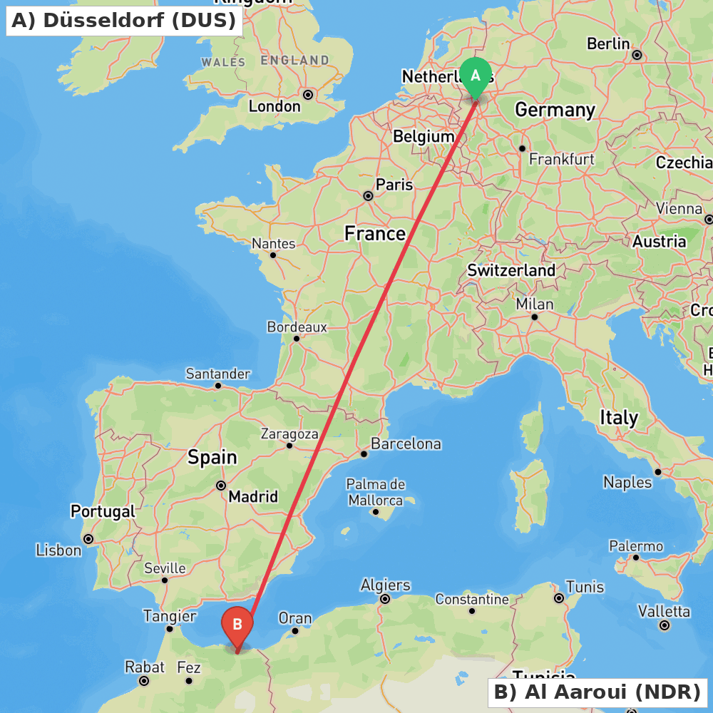 Flight route map from Düsseldorf to Al Aaroui