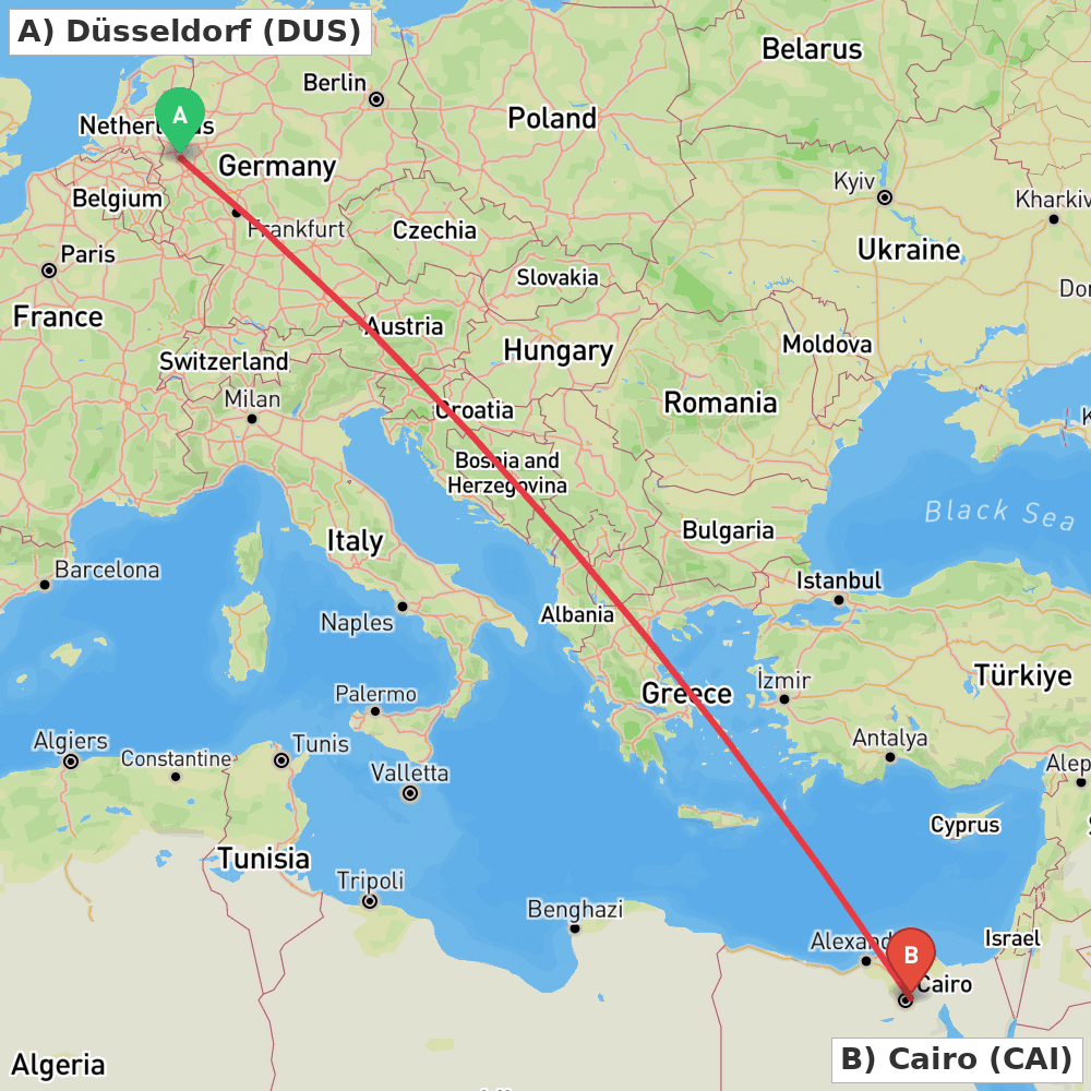 Flight route map from Düsseldorf to Cairo