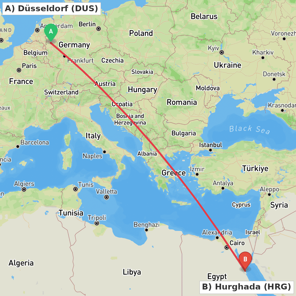 Flight route map from Düsseldorf to Hurghada