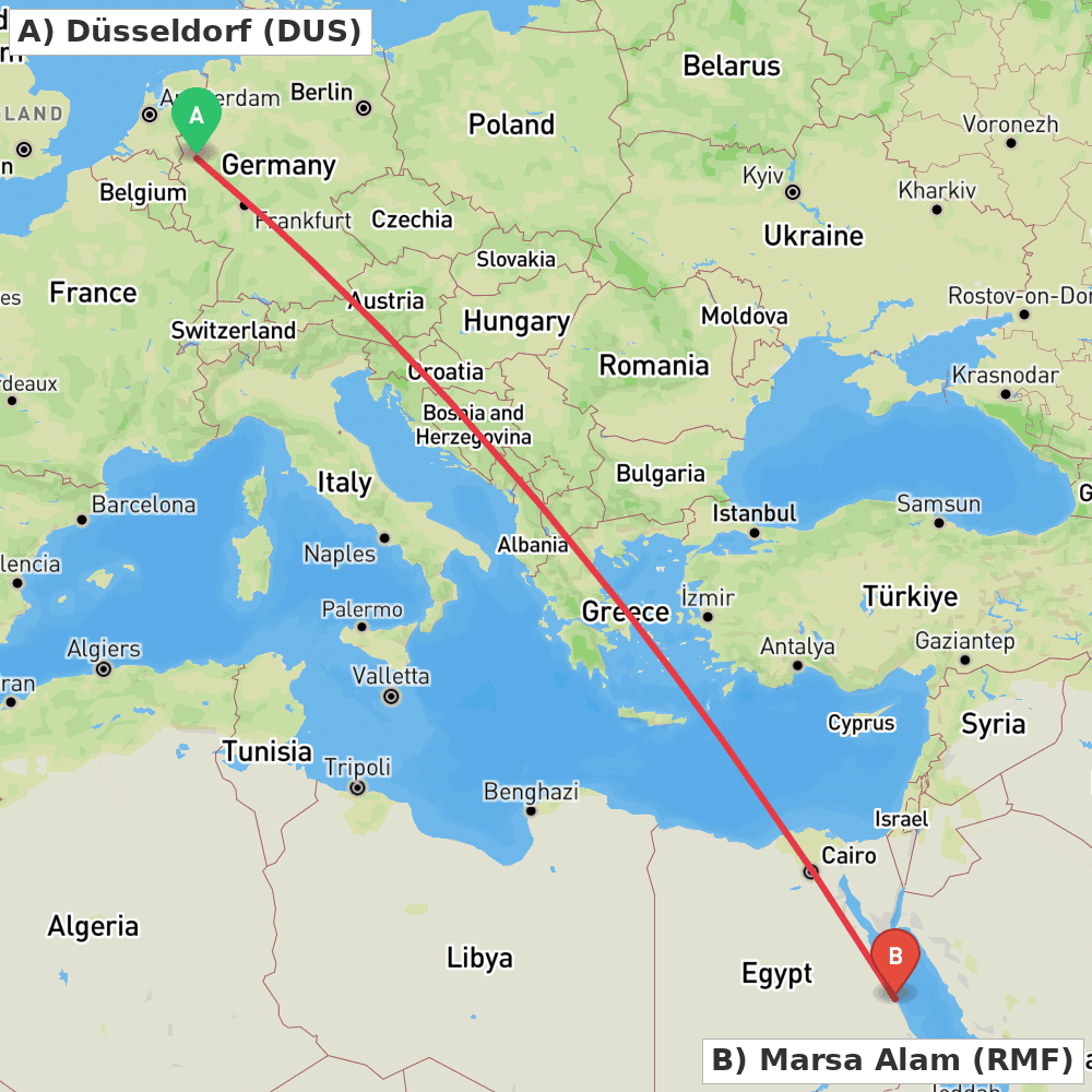 Flight route map from Düsseldorf to Marsa Alam