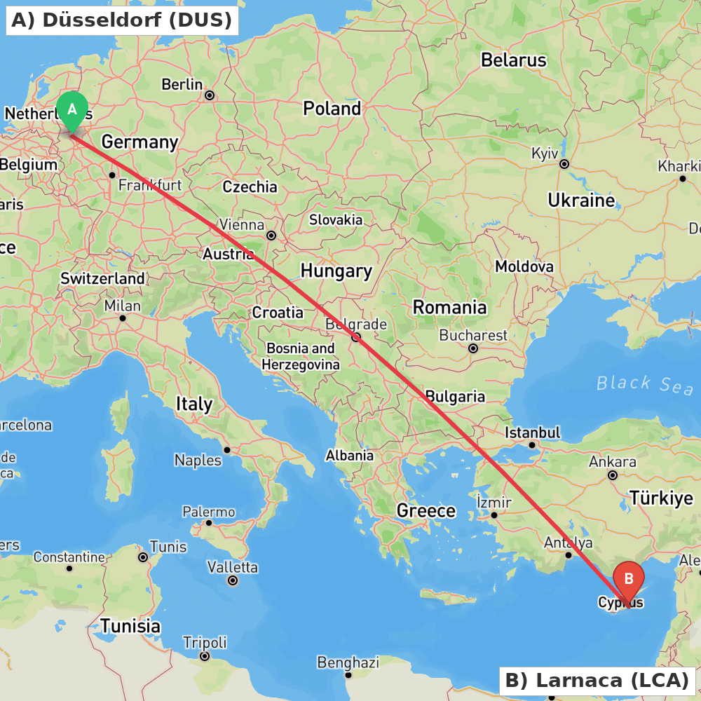 Flight route map from Düsseldorf to Larnaca