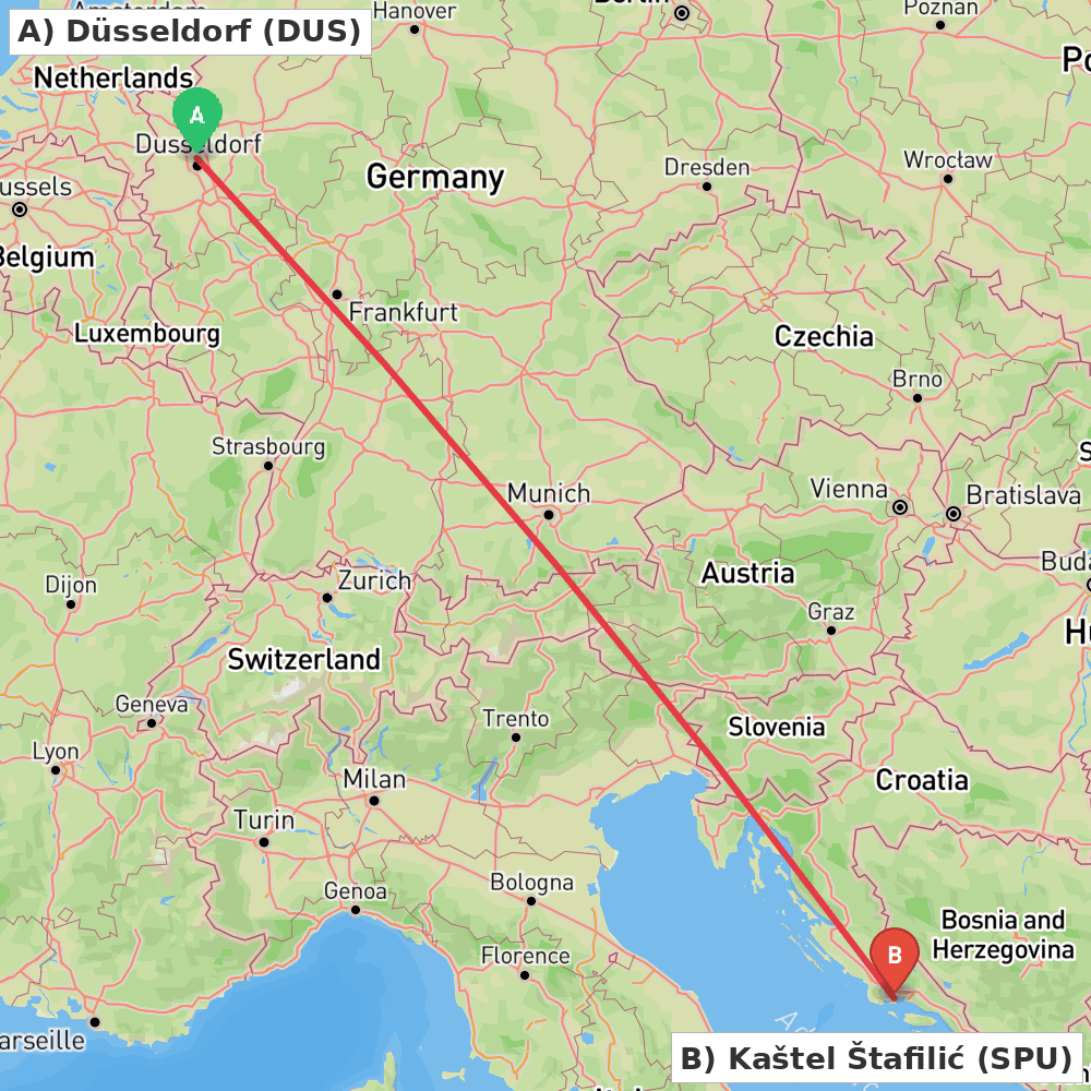 Flight route map from Düsseldorf to Kaštel Štafilić