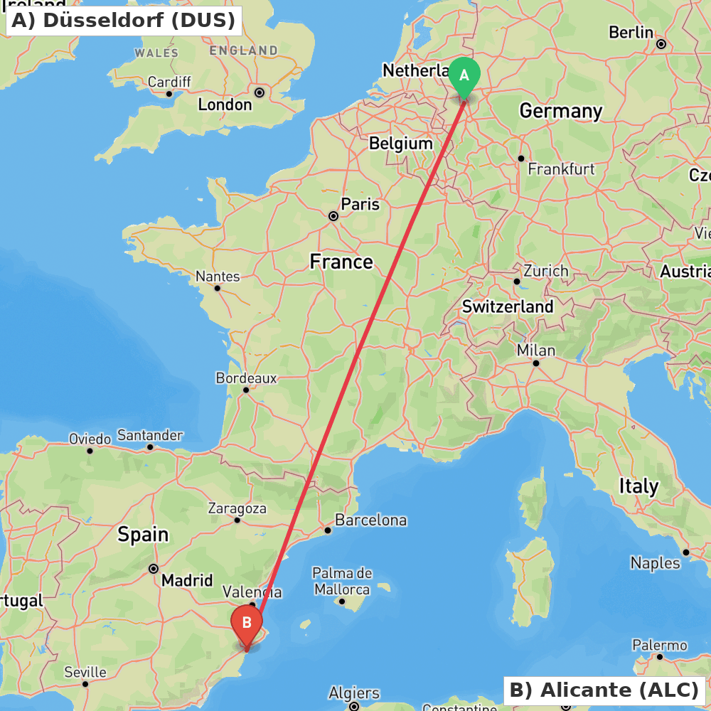 Flight route map from Düsseldorf to Alicante