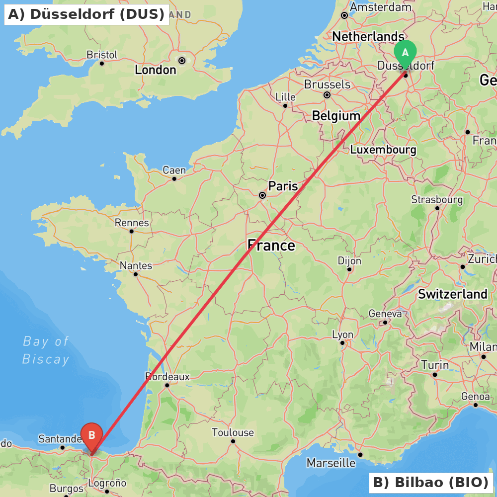 Flight route map from Düsseldorf to Bilbao