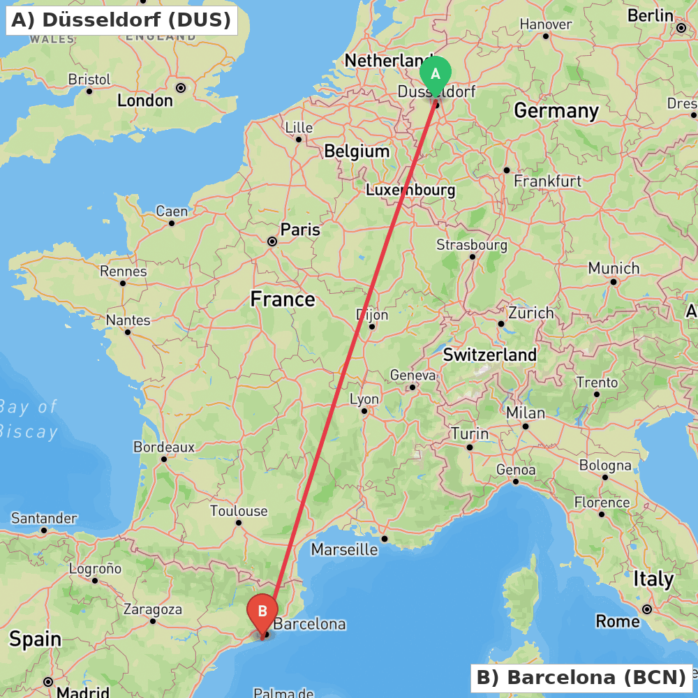 Flight route map from Düsseldorf to Barcelona