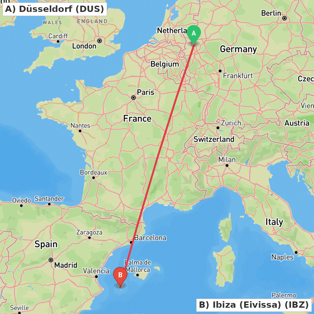 Flight route map from Düsseldorf to Ibiza (Eivissa)