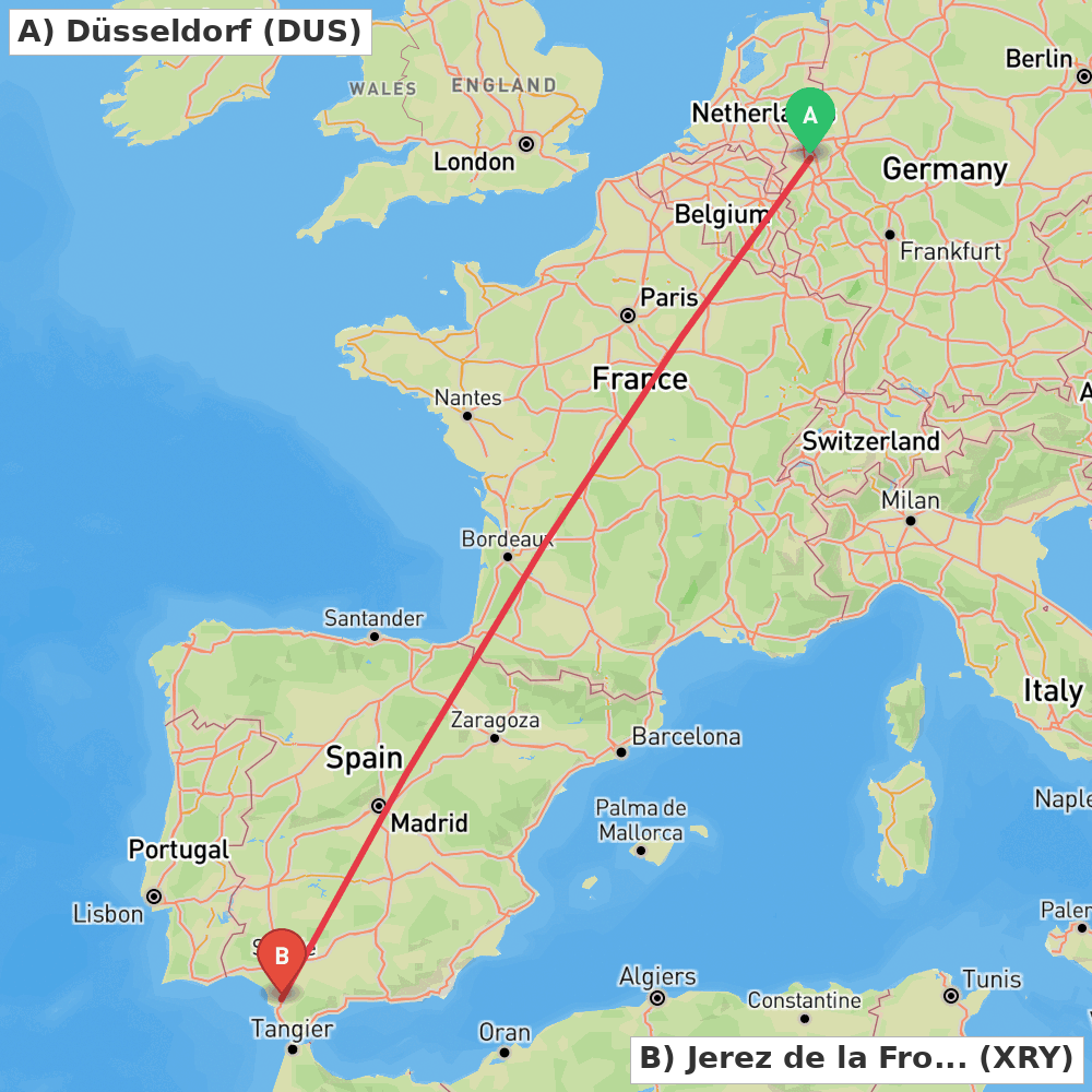 Flight route map from Düsseldorf to Jerez de la Frontera
