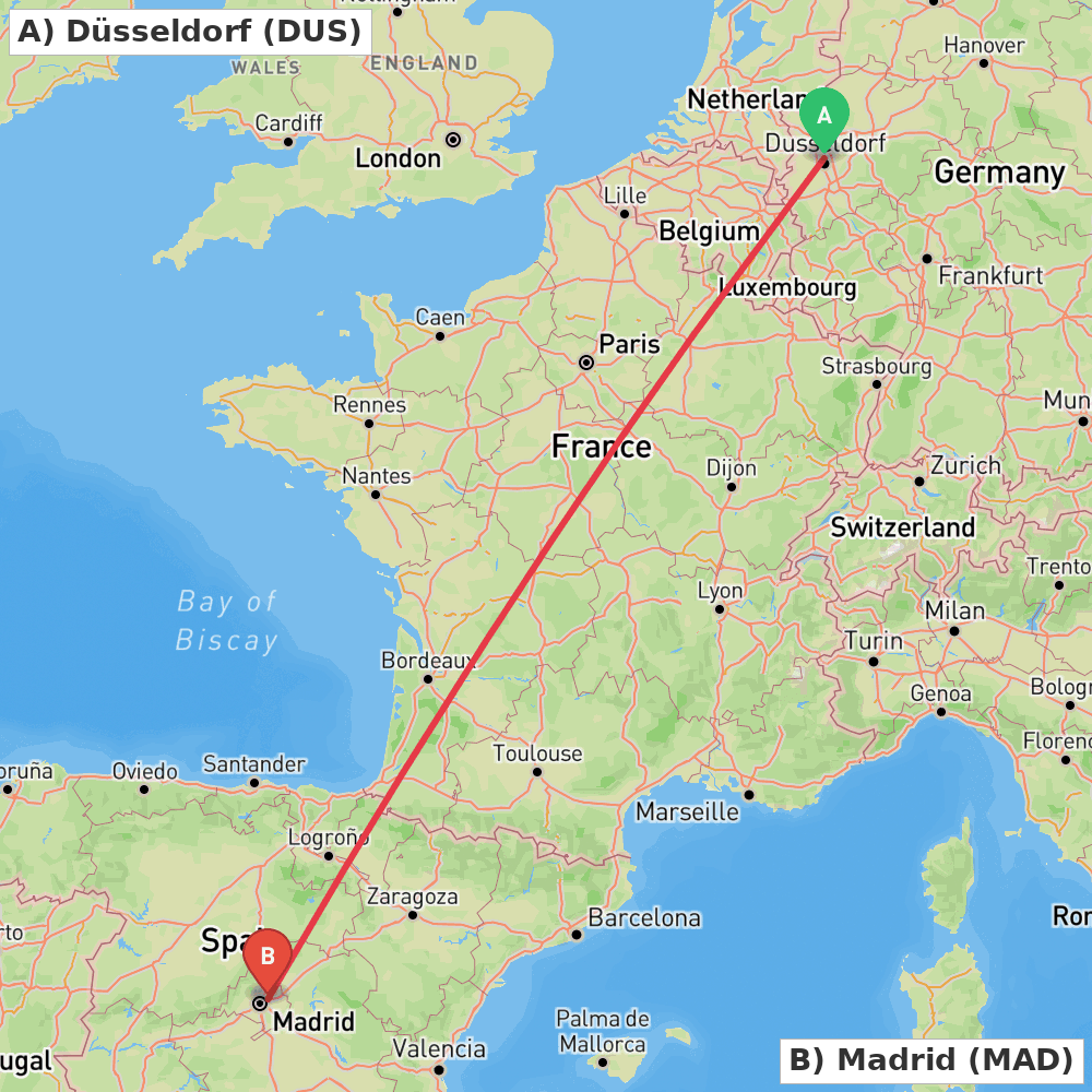 Flight route map from Düsseldorf to Madrid