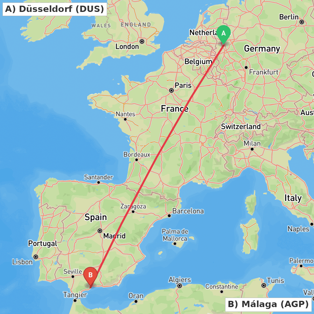 Flight route map from Düsseldorf to Málaga
