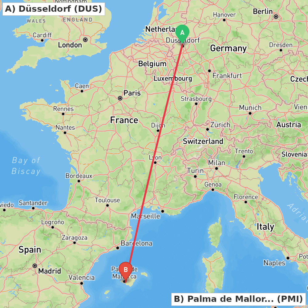 Flight route map from Düsseldorf to Palma de Mallorca