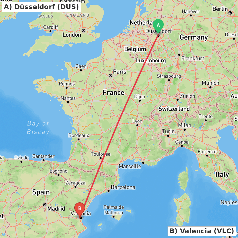 Flight route map from Düsseldorf to Valencia
