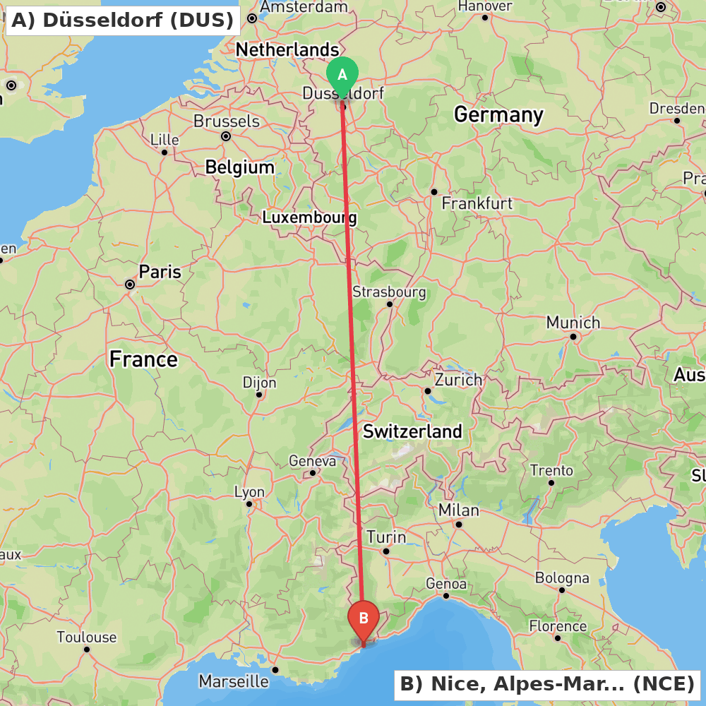 Flight route map from Düsseldorf to Nice, Alpes-Maritimes