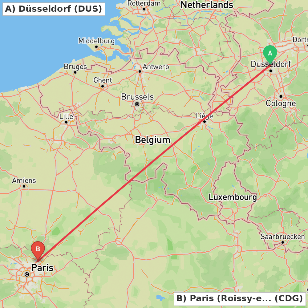 Flight route map from Düsseldorf to Paris (Roissy-en-France, Val-d'Oise)