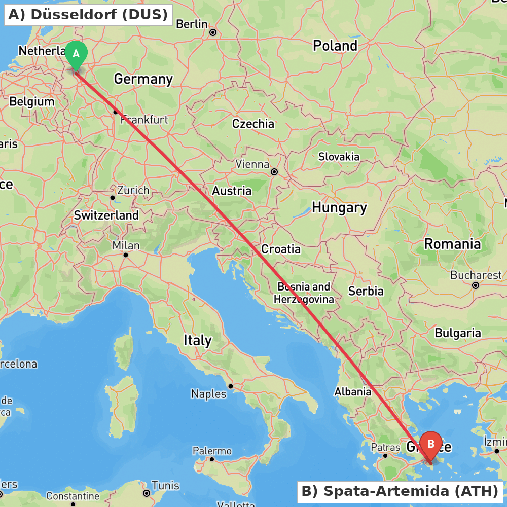 Flight route map from Düsseldorf to Spata-Artemida