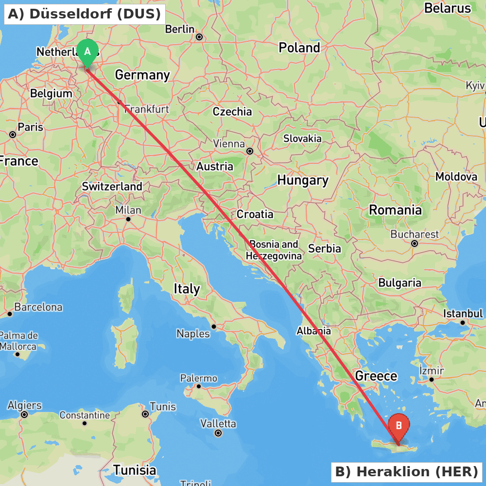 Flight route map from Düsseldorf to Heraklion