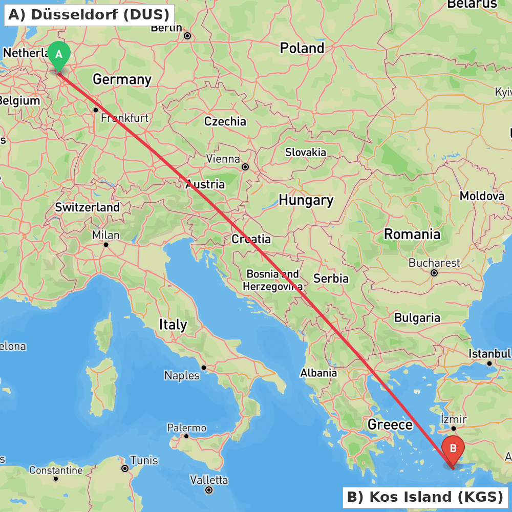 Flight route map from Düsseldorf to Kos Island
