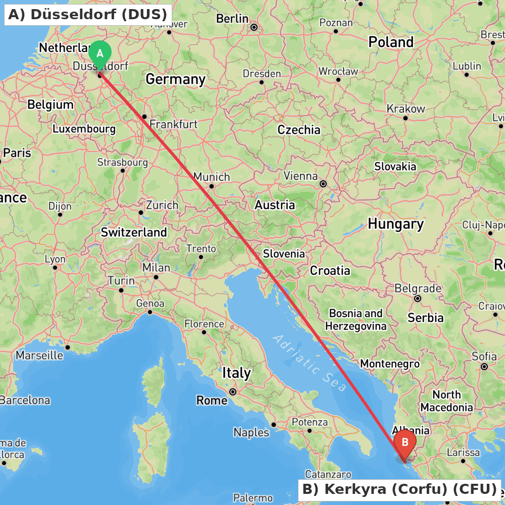 Flight route map from Düsseldorf to Kerkyra (Corfu)