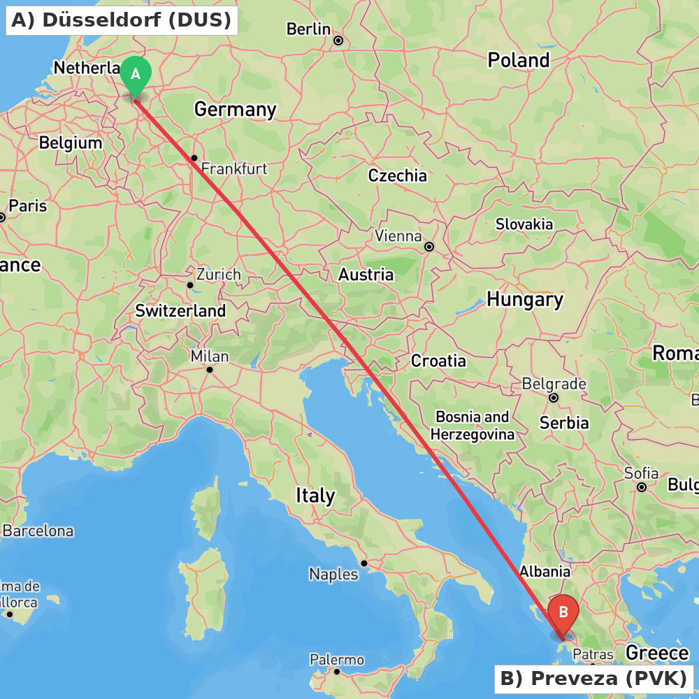 Flight route map from Düsseldorf to Preveza